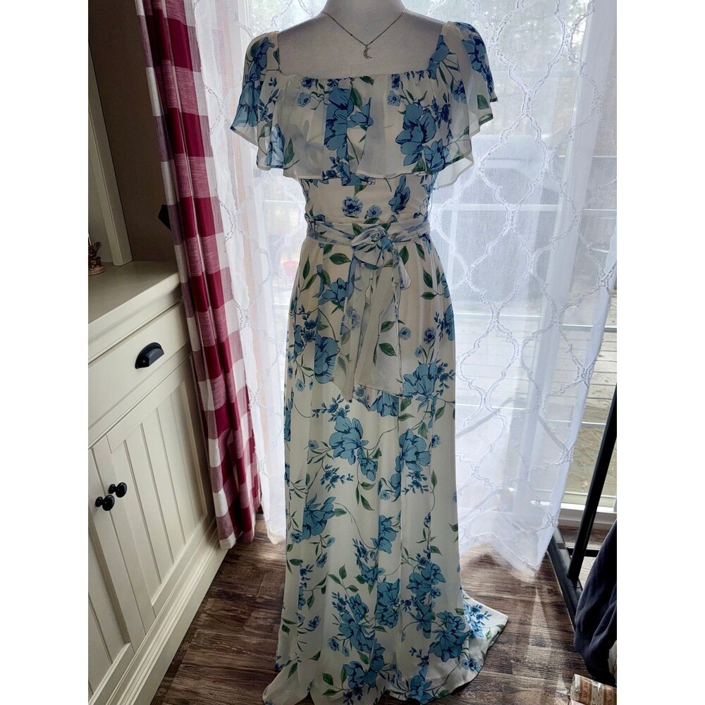 Yumi Kim Carman Blue White Floral Maxi Dress Off Shoulder Ruffle Waist Tie XS